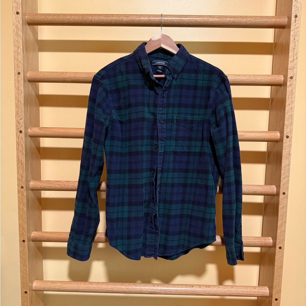Lands' End Navy and Forest Plaid Shirt